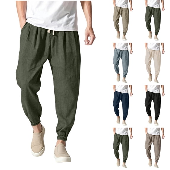Qingpeng Mens Cotton Cropped Jogger Pants Tapered Leg Relaxed Fit Ankle Cuff Breathable Casual Home Daily Pants for Men