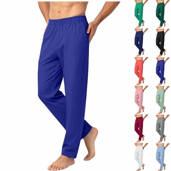 Qingpeng Mens Elastic Waisted Straight Leg Pants Solid Color Side Pockets Loose Fit Home Casual Lightweight Trousers for Men