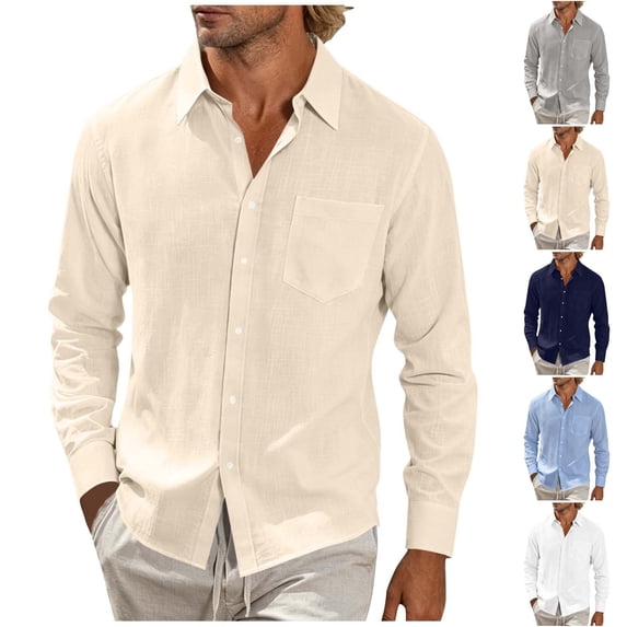 Qingpeng Mens Linen Textured Button Down Shirts Turn Down Collar Long Sleeve Tops with Chest Pocket Daily Casual Wear