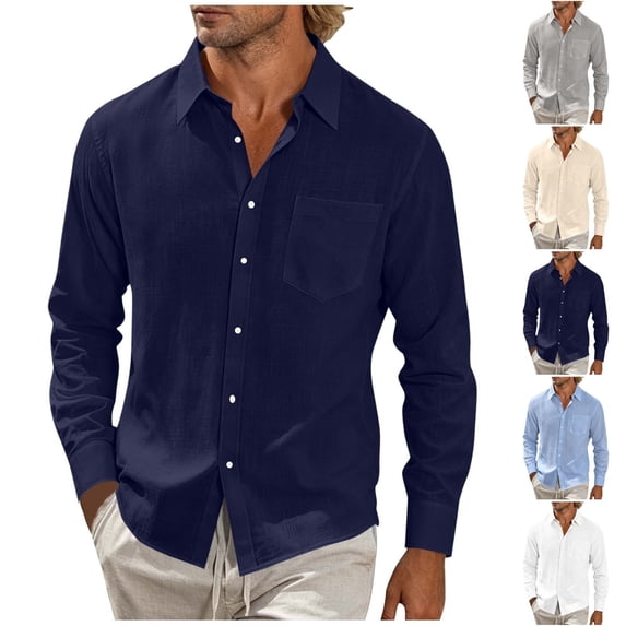Qingpeng Mens Linen Textured Button Down Shirts Turn Down Collar Long Sleeve Tops with Chest Pocket Daily Casual Wear