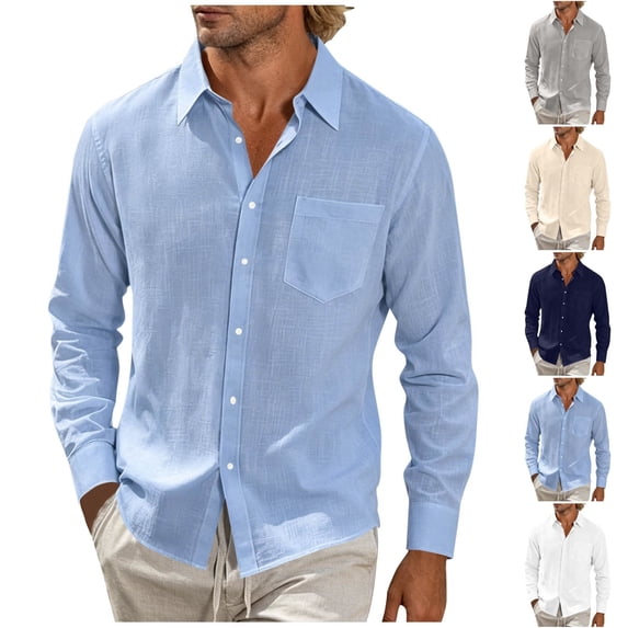 Qingpeng Mens Linen Textured Button Down Shirts Turn Down Collar Long Sleeve Tops with Chest Pocket Daily Casual Wear