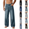thumbnail image 1 of Qingpeng Mens Retro Washed Denim Jeans Button Zipper Fly Loose Wide Leg Straight Trendy Casual Denim Pants for Men, 1 of 8