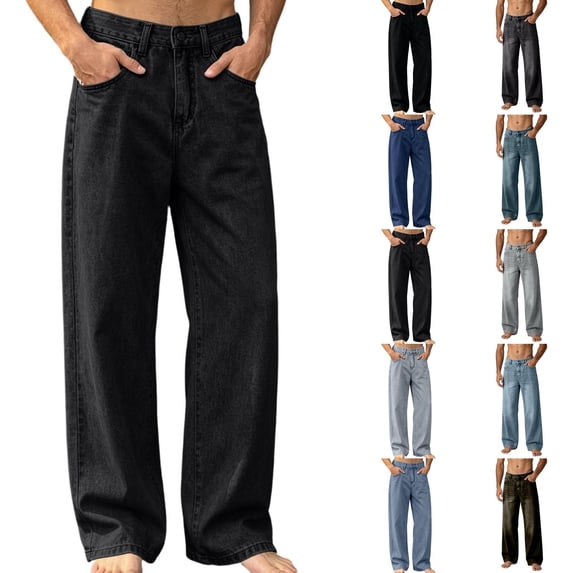 Qingpeng Mens Retro Washed Denim Jeans Button Zipper Fly Loose Wide Leg Straight Trendy Casual Denim Pants for Men