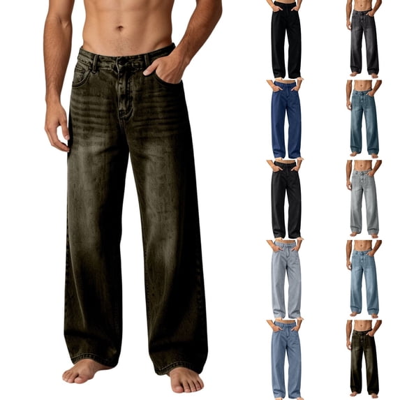 Qingpeng Mens Retro Washed Denim Jeans Button Zipper Fly Loose Wide Leg Straight Trendy Casual Denim Pants for Men