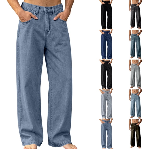 Qingpeng Mens Retro Washed Denim Jeans Button Zipper Fly Loose Wide Leg Straight Trendy Casual Denim Pants for Men