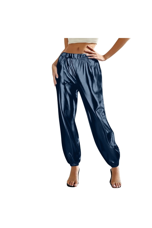 Metallic Jogger Pants for Women, Elastic Waist with Pockets High Waisted Sweatpants for Shiny Disco Party