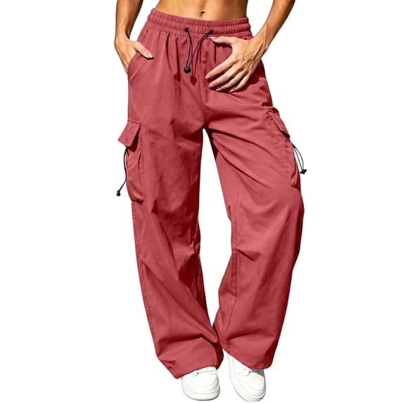 Qingpeng Plus Size Loose Cargo Pants for Women Wide Leg Drawstring Parachute Pants with Pockets Casual Lightweight Sweatpants