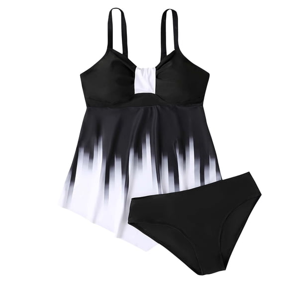 Qingpeng Plus Size Tankini Swimsuit for Women Color Block Tummy Control Two Piece Bathing Suit Slimming Swim Top with Bottom
