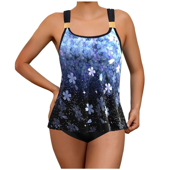 Qingpeng Plus Size Womens Two Piece Tankini Swimsuit Set Fashion Print Color Block Flowy Ruffle Tops with Triangle Shorts Swimwear