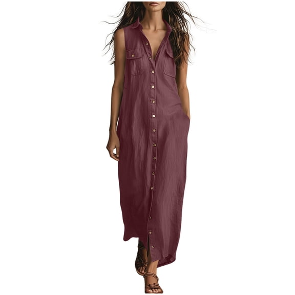 Qingpeng Womens Sleeveless Cotton Linen Button Down Maxi Dress Collared Neck Casual Summer Pockets Shirt Dress