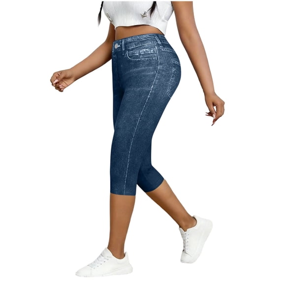 Qingpeng Slim Denim Like Capri Pants for Women with Pockets Stitching Detail High Waisted Washed Soft Elastic Capris