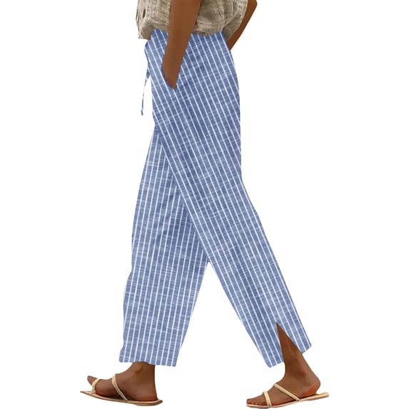 Qingpeng Striped Cotton Linen Pants for Women High Waisted Elastic Drawstring Casual Trousers Summer Casual Side Split Hem Pants
