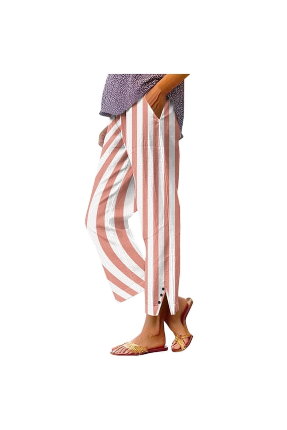 Striped Pants for Women High Waisted Elastic Casual Trousers Loose Fit Side Split Summer Beach Pants with Pockets