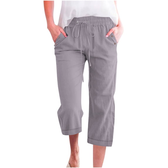 Qingpeng Summer Cotton Linen Capri Pants for Women Casual Drawstring Elastic High Waisted Pants Straight Leg Cropped Trousers