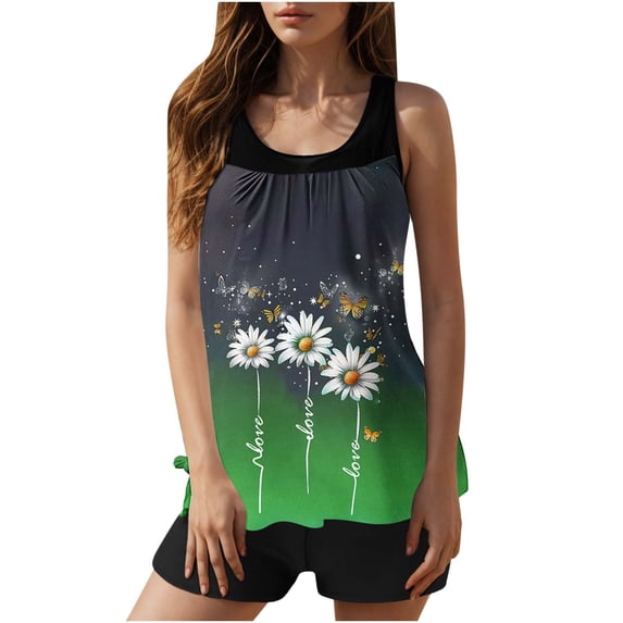 Qingpeng Tankini Swimsuits for Women Summer Modest Beach Tummy Control Bathing Suit 2 Piece Athletic High Waisted Swimwear