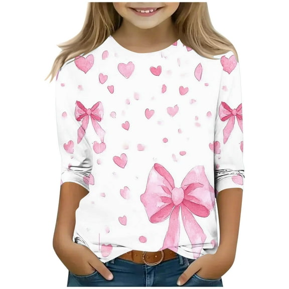 Qingpeng Toddler 3/4 Sleeve Tops for Girls Bow Graphic Crewneck Casual Cute Shirts Three Quarter Length Spring Tops