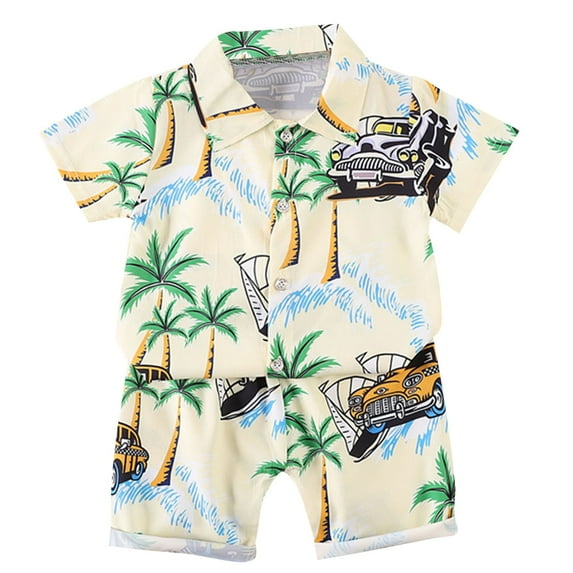 Qingpeng Toddler Boy Clothes Hawaiian Outfit Shorts Sets Printed Button Down Shirt Shorts Summer Beach Clothes
