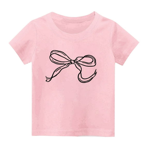 Qingpeng Toddler Girl's Bow Graphic Tees Short Sleeve Crew Neck Summer T Shirt Tops for Girls
