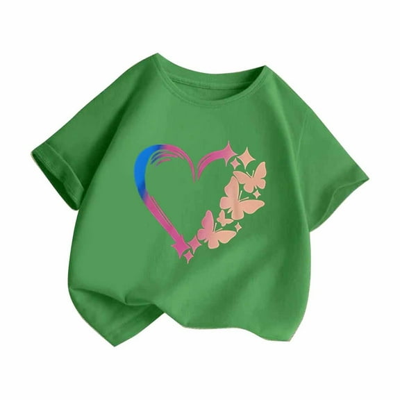 Qingpeng Toddler Girls Cute Heart Graphic Crewneck Short Sleeve Regular Fit Casual Tee T-Shirts