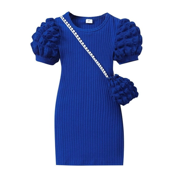 Qingpeng Toddler Girls Ruffle Sleeve Dress Round Neck Knit Elastic Mini Knee Length Party Dress with Bag