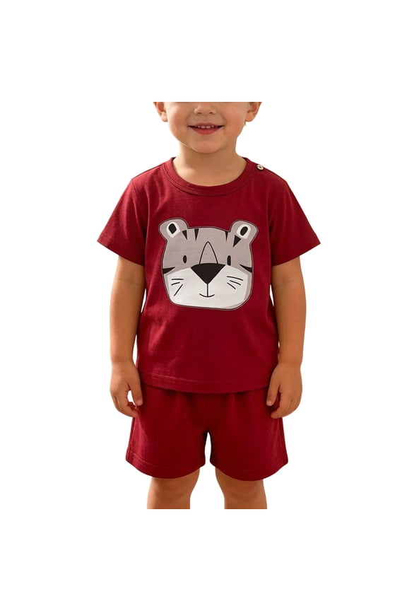 Toddler Kids Summer Animal Face Print Crew Neck Short Sleeve T-Shirt Shorts Matching Outfit Set for Kids
