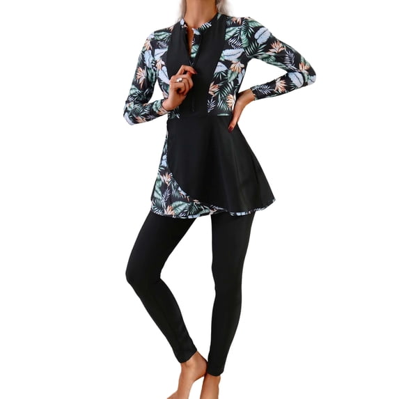 Qingpeng Two Piece Swimsuits for Women Full Cover Long Sleeve Rash Guard Pants Bathing Suit Modest Swimwear