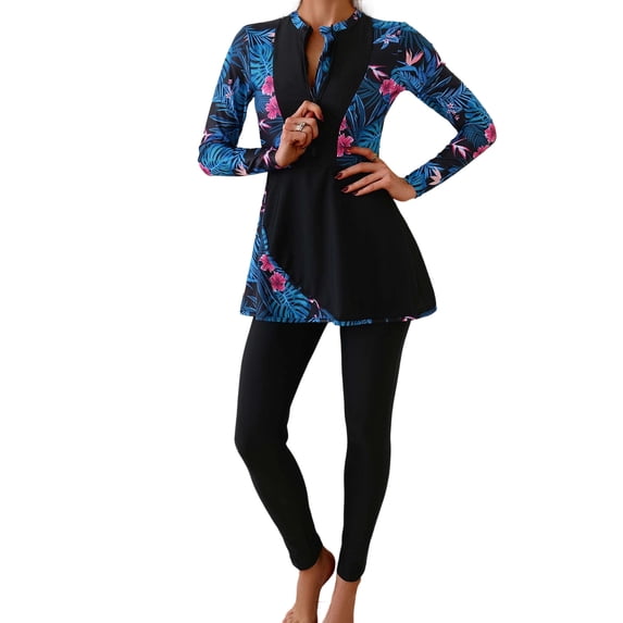 Qingpeng Two Piece Swimsuits for Women Full Cover Long Sleeve Rash Guard Pants Bathing Suit Modest Swimwear