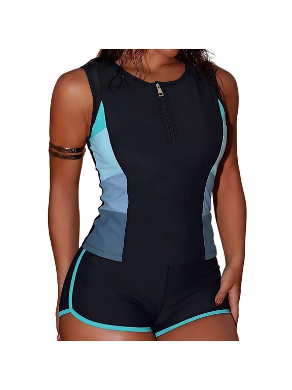 Two Piece Tankini Set for Women Front Zipper Sleeveless Color Block with Boyshorts Slimmimg Surf Swimsuit