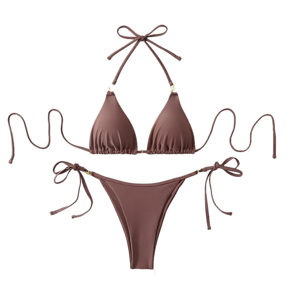 Qingpeng Two Piece Triangle Bikini Sets for Women String Bathing Suit Halter Top with Side Tie Bikini Bottom