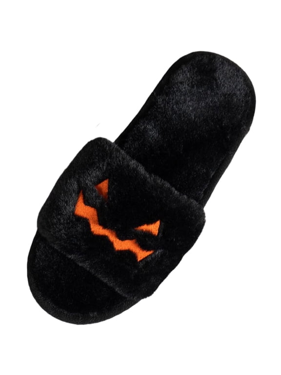 Unisex Open Toe Wide Band Plush Slide Slippers Cozy Soft Indoor House Shoes with Zigzag Embroidery for Halloween Home Wear