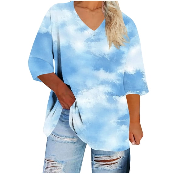 Qingpeng V Neck T Shirts for Women Summer Half Sleeve Soft Breathable Tees Casual Loose Fit Tunic Tops Size S-5XL