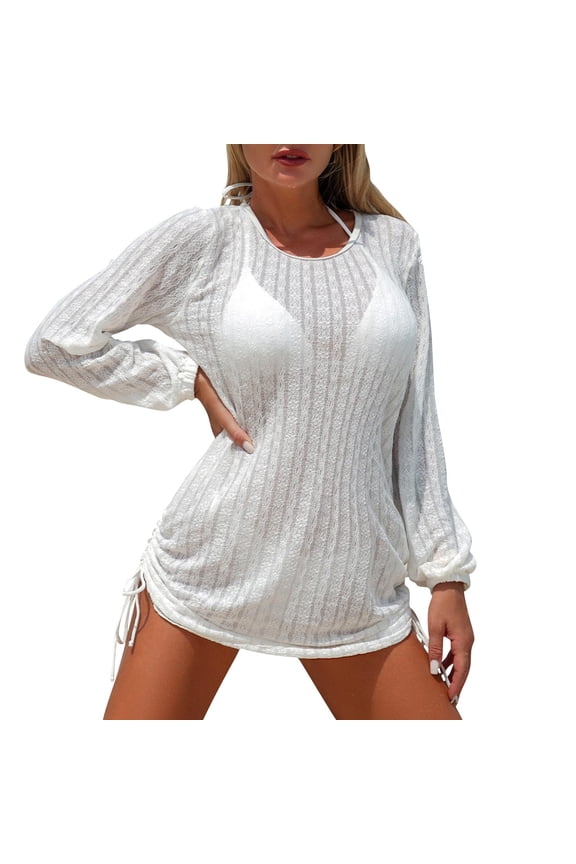 Women 3 Piece Swimsuits Bikini Sets with Cover Ups Summer Bathing Suits Long Sleeve Crewneck Crochet Coverups