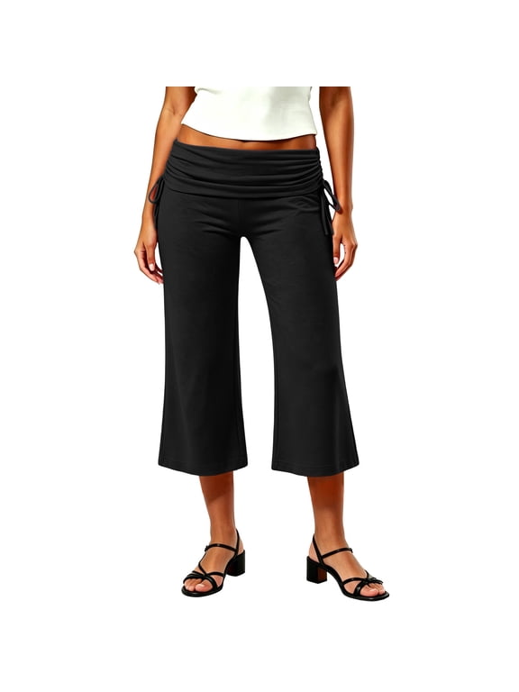 Women Fold Over Flared Capris Yoga Pants Adjustable Side Drawstring Stretchy Trousers Workout Sports Lounge Capri Pants