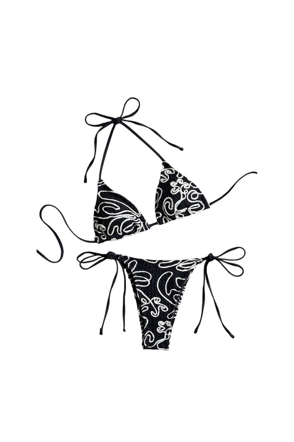 Women's 2 Piece Halter Swimsuit Textured Tie Side Triangle Bikini Bathing Suit