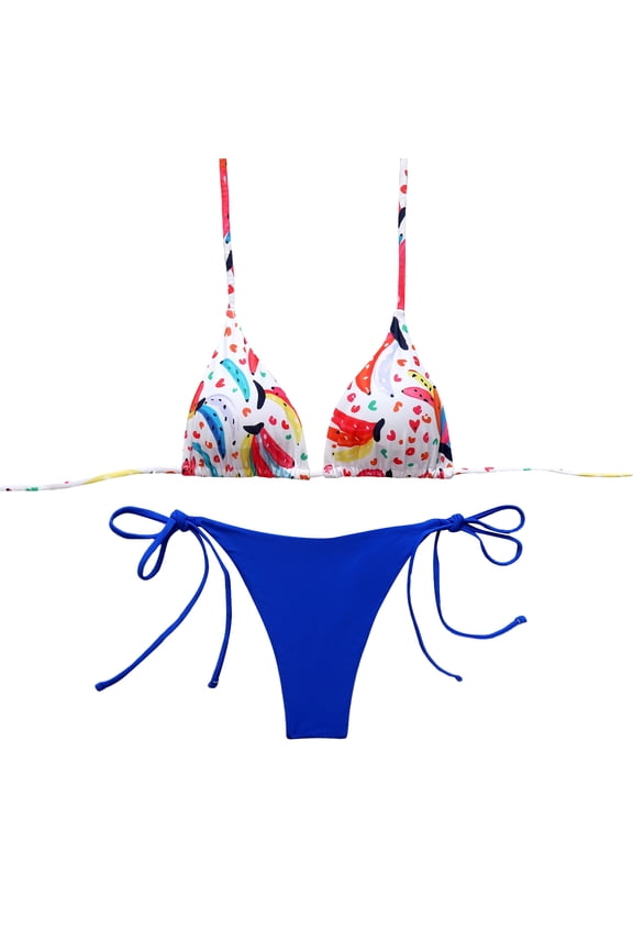 Women's 2 Piece Halter Thong Bikini Printed Tie Bottom Triangle Bikini Swimsuits