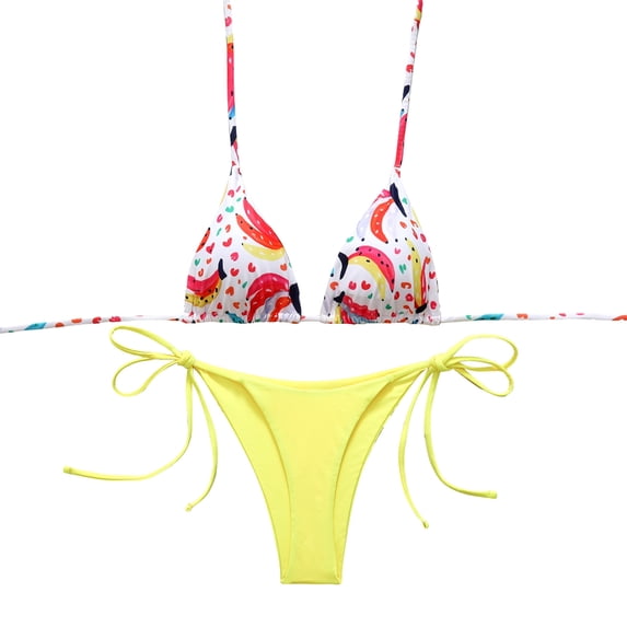 Qingpeng Women's 2 Piece Halter Thong Bikini Printed Tie Bottom Triangle Bikini Swimsuits
