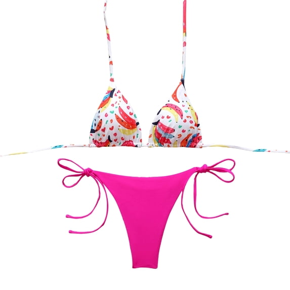 Qingpeng Women's 2 Piece Halter Thong Bikini Printed Tie Bottom Triangle Bikini Swimsuits