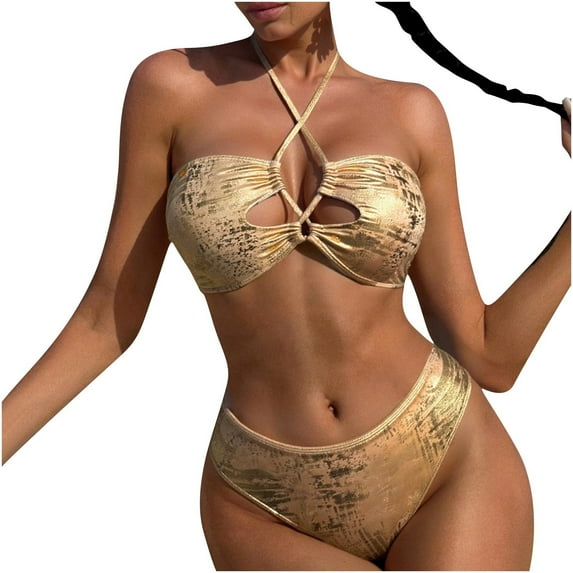 Qingpeng Women's 2 Piece Metallic Sequin Textured Sparkly Bikini Set Bathing Suit Halter Triangle Crisscross Swimsuit Swimwear