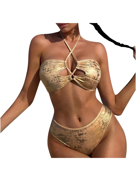Women's 2 Piece Metallic Sequin Textured Sparkly Bikini Set Bathing Suit Halter Triangle Crisscross Swimsuit Swimwear