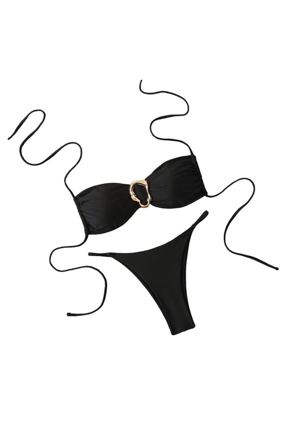 Women's 2 Piece Swimsuit Tie String Thong Bikini Set Ring Linked Bathing Suits Cheeky Summer Beach Vacation Outfits