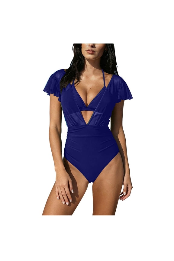 Women's Backless One Piece Swimsuit Triangle Bikini Mesh Ruffle Tummy Control Swimwear Summer Beach Vacation