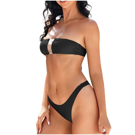 Qingpeng Women's Bandeau Bikini Sets Strapless Thong Two Piece Swimsuits Mesh High Cut Bathing Suits Summer Beach Swimwear