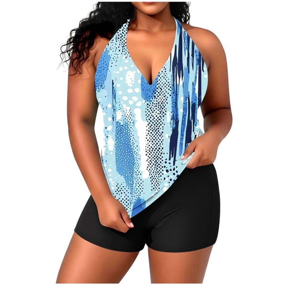 Qingpeng Women's Plus Size Halter Tankini Swimsuit Set Printed Adjustable Strap V Neck Top with Shorts Padded Two Piece Bathing Suit