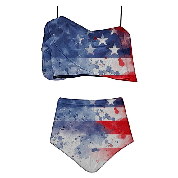 Qingpeng Women's Ruffled High Waisted Bikini Set Two Piece Swimsuit for Independence Day Patriotic Star Print Bathing Suit Beach Swimwear