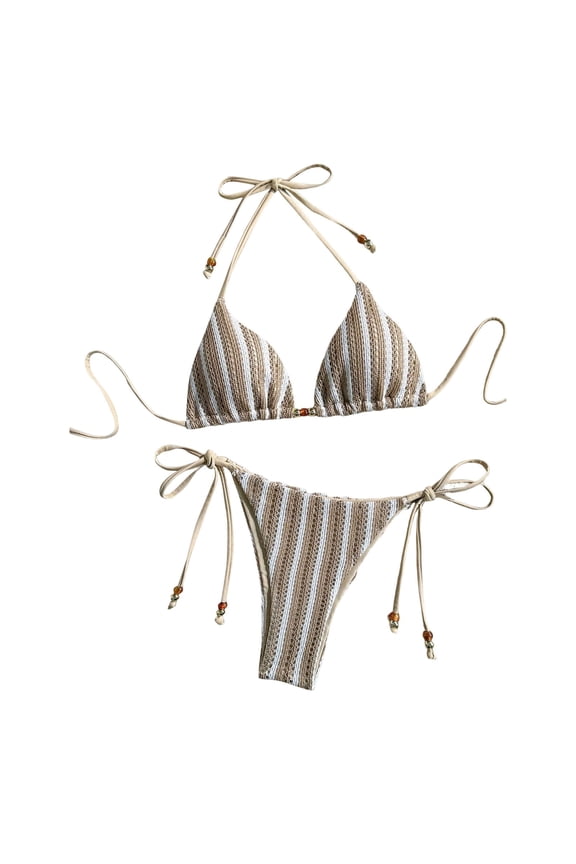 Women's Striped Triangle Thong Micro Bikini Sets Halter Swimsuits Bathing Suit
