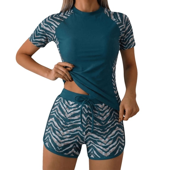 Qingpeng Women's Two Piece Swimsuit Rash Guard Short Sleeve Swim Shirts Swimsuit with Boyshorts