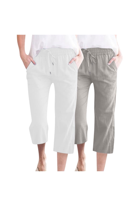 Womens 2 Pack Capris Pants Cotton Linen Casual Summer Straight Wide Leg Baggy Drawstring Elastic Waist Cropped Trousers