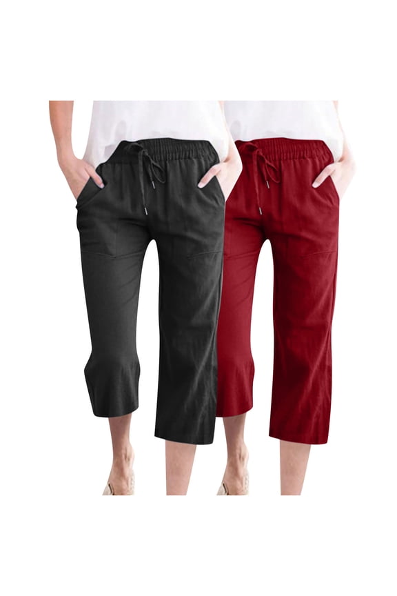 Womens 2 Pack Capris Pants Cotton Linen Casual Summer Straight Wide Leg Baggy Drawstring Elastic Waist Cropped Trousers