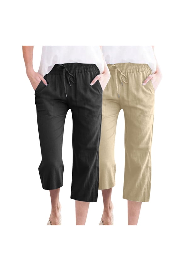 Womens 2 Pack Capris Pants Cotton Linen Casual Summer Straight Wide Leg Baggy Drawstring Elastic Waist Cropped Trousers
