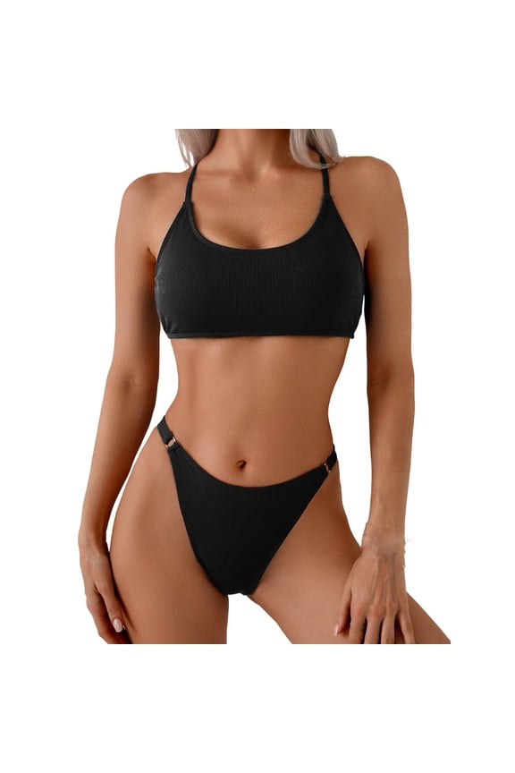 Womens 2 Piece Bikini Sets Cheeky High Cut Bathing Suit Crisscross Tie Back Ribbed Swimsuits